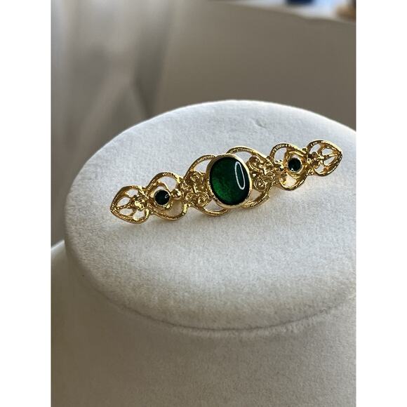 Vintage Gold Tone Bar Brooch Green Enamel Filagree 2” - Picture 1 of 4